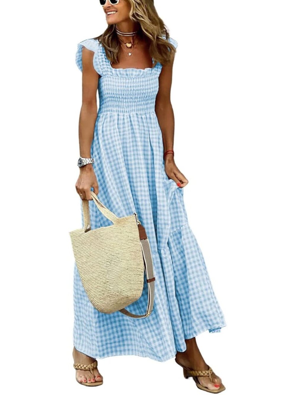 Women's Retro Plaid Smocked Dress Spaghetti Strap Flounce Long Dress